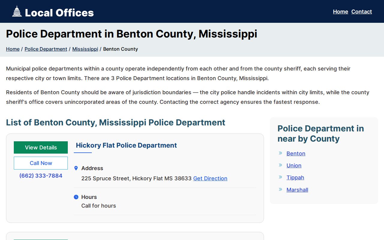 Benton County Hickory Flat Police Department records contact source